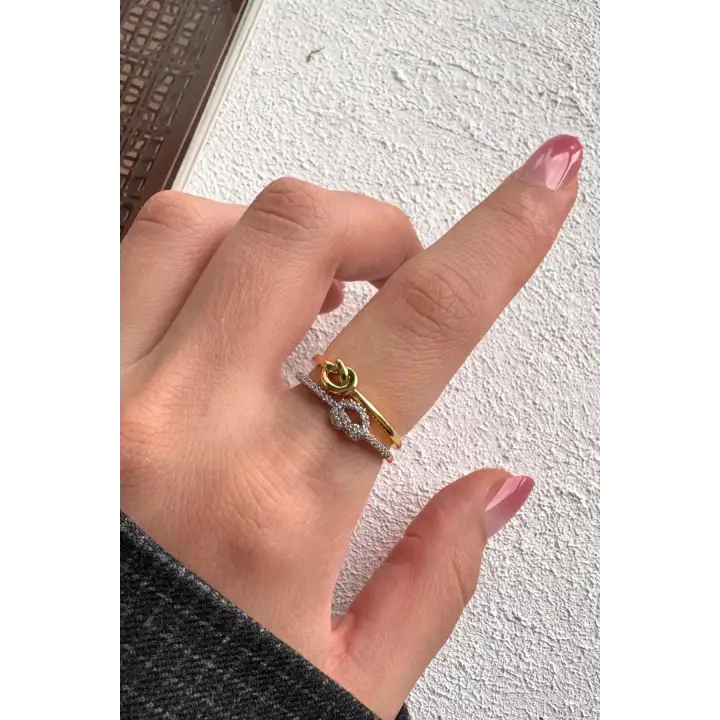 Çift Renk Seri Knot Love Tasarım Zirkon Taşlı Düğüm Bağ Kilit Model Ayarlanabilir Çelik Yüzük