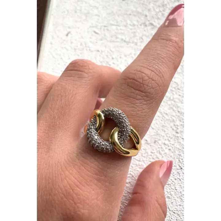 Çift Renk Seri Chain Love Tasarım Zirkon Taşlı Ayarlanabilir Çelik Yüzük Kararmaz Renk Atmaz