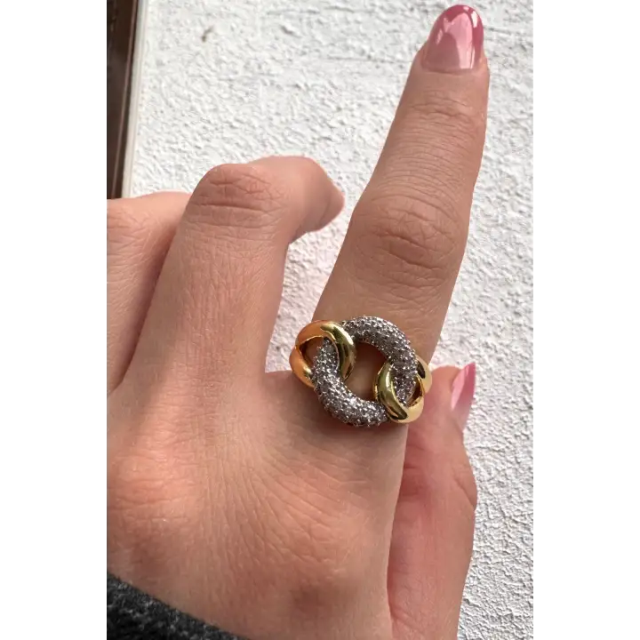 Çift Renk Seri Chain Love Tasarım Zirkon Taşlı Ayarlanabilir Çelik Yüzük Kararmaz Renk Atmaz