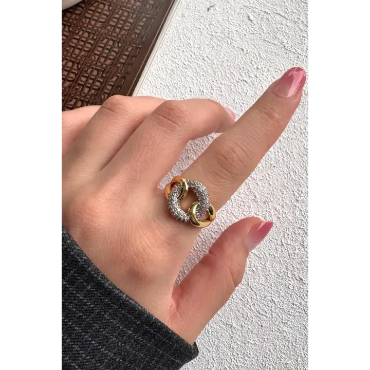 Çift Renk Seri Chain Love Tasarım Zirkon Taşlı Ayarlanabilir Çelik Yüzük Kararmaz Renk Atmaz