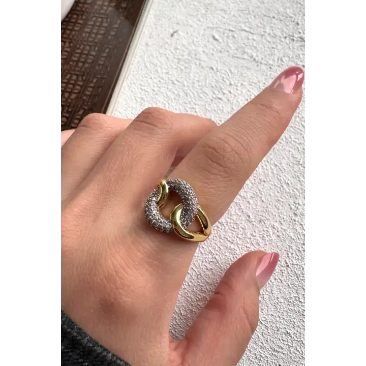 Çift Renk Seri Chain Love Tasarım Zirkon Taşlı Ayarlanabilir Çelik Yüzük Kararmaz Renk Atmaz