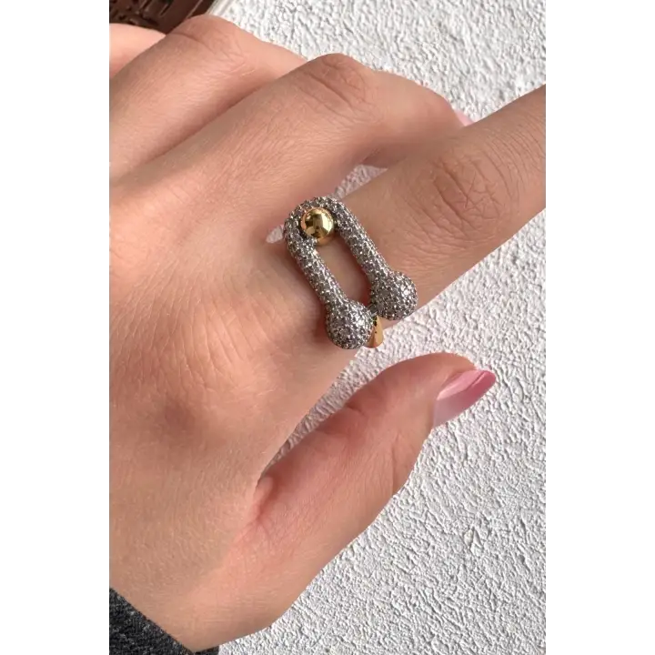 Çift Renk Seri Lock Me Tasarım Zirkon Taşlı Ayarlanabilir Çelik Yüzük Kararmaz Renk Atmaz