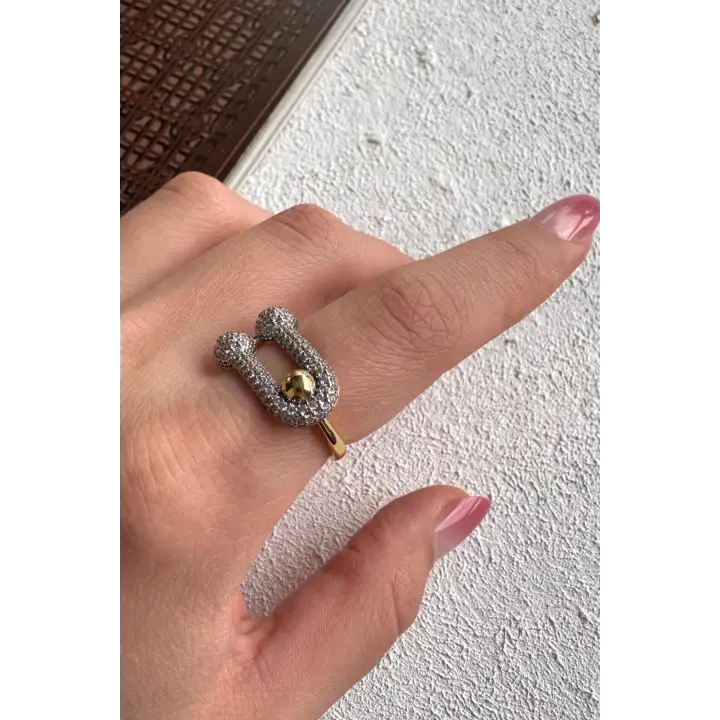 Çift Renk Seri Lock Me Tasarım Zirkon Taşlı Ayarlanabilir Çelik Yüzük Kararmaz Renk Atmaz
