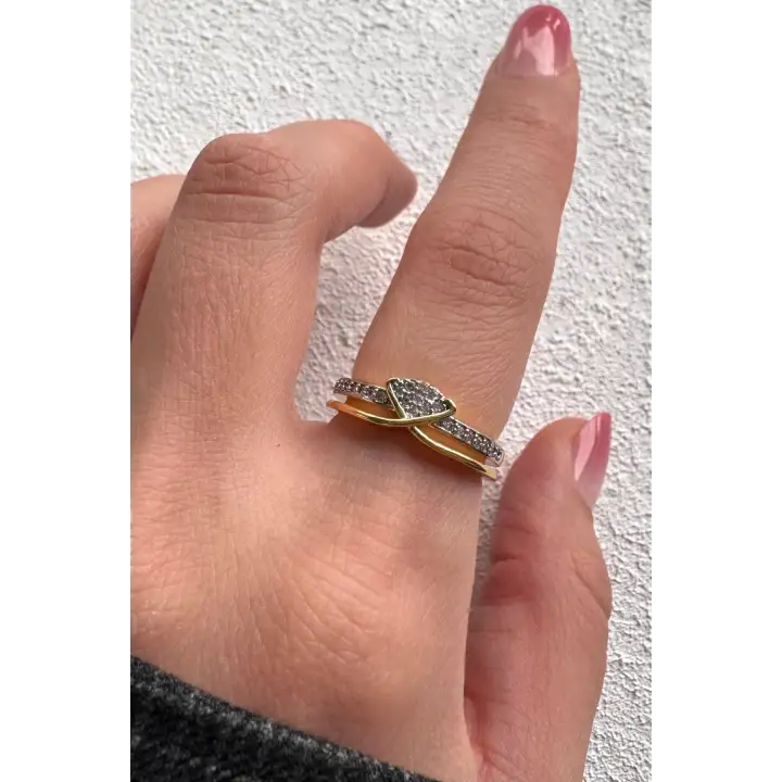 Çift Renk Seri Soft Knot Tasarım Zirkon Taşlı Model Ayarlanabilir Çelik Yüzük Kararmaz Renk Atmaz