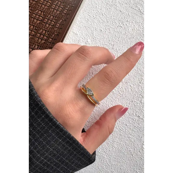 Çift Renk Seri Soft Knot Tasarım Zirkon Taşlı Model Ayarlanabilir Çelik Yüzük Kararmaz Renk Atmaz