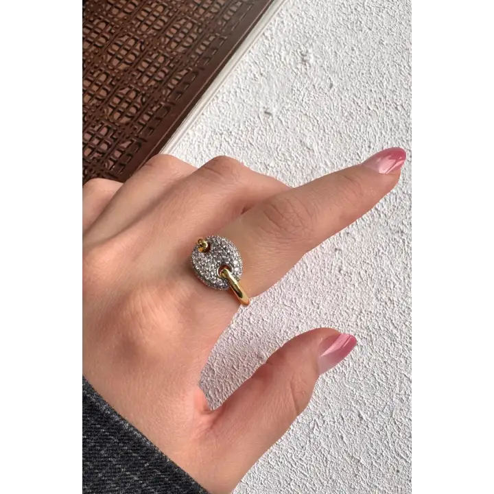 Çift Renk Seri Luna Disc Tasarım Zirkon Taşlı Ayarlanabilir Çelik Yüzük Kararmaz Renk Atmaz