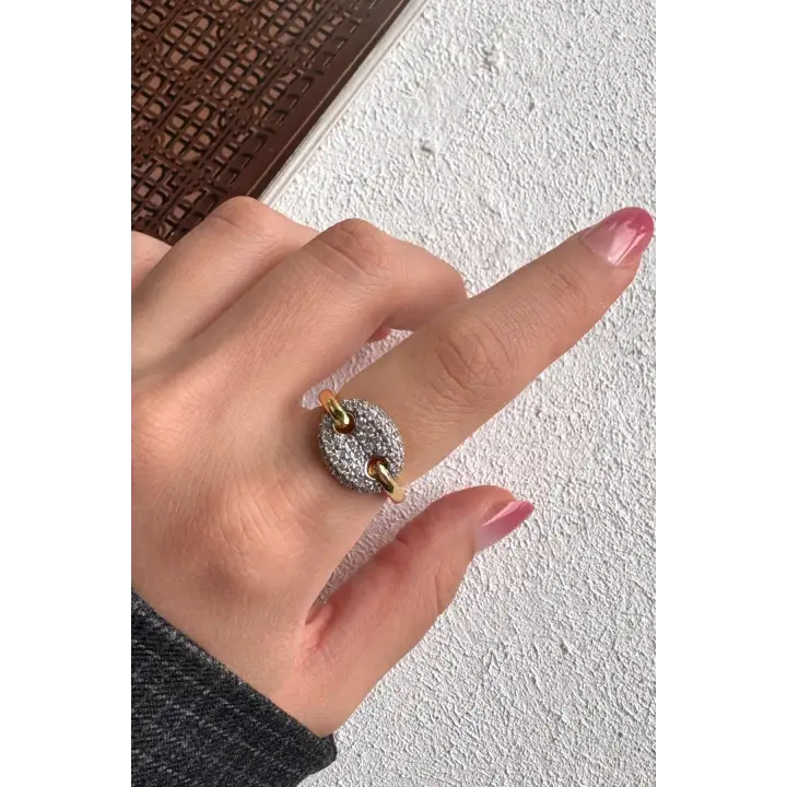 Çift Renk Seri Luna Disc Tasarım Zirkon Taşlı Ayarlanabilir Çelik Yüzük Kararmaz Renk Atmaz