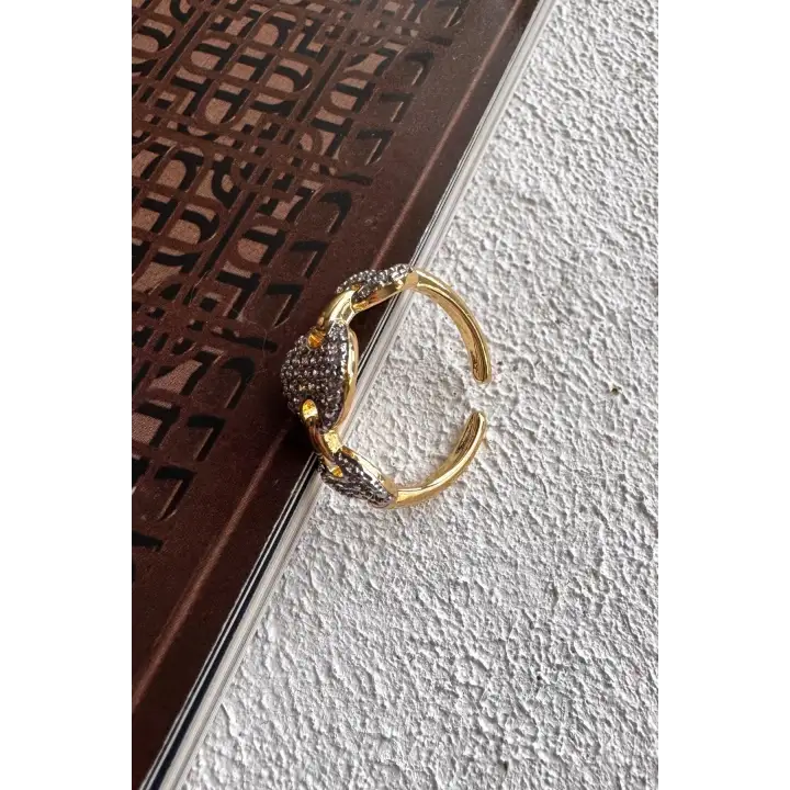 Çift Renk Seri Triple Coin Tasarım Zirkon Taşlı Ayarlanabilir Kadın Çelik Yüzük Kararmaz Renk Atmaz