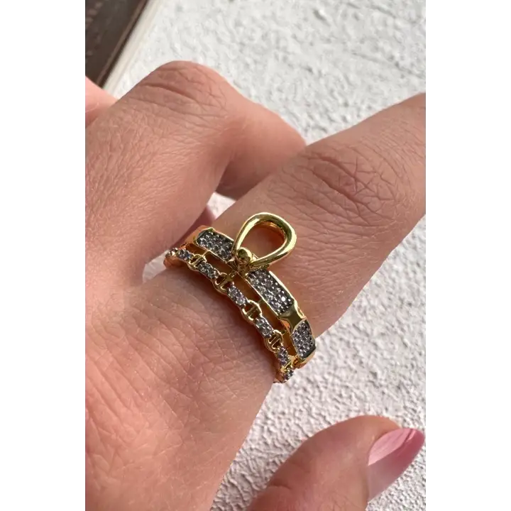 Çift Renk Seri Golden Buckle Tasarım Zirkon Taşlı Ayarlanabilir Çelik Yüzük Kararmaz Renk Atmaz