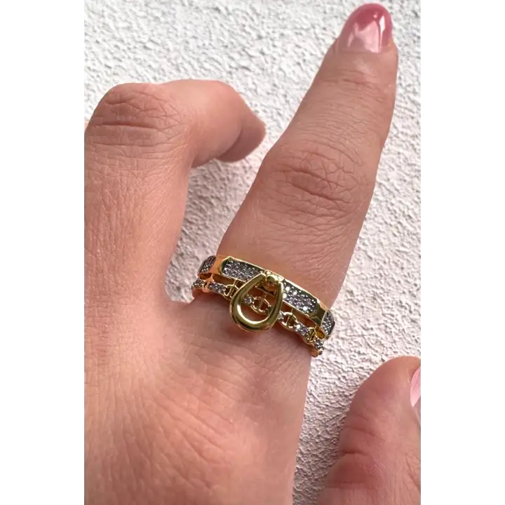 Çift Renk Seri Golden Buckle Tasarım Zirkon Taşlı Ayarlanabilir Çelik Yüzük Kararmaz Renk Atmaz