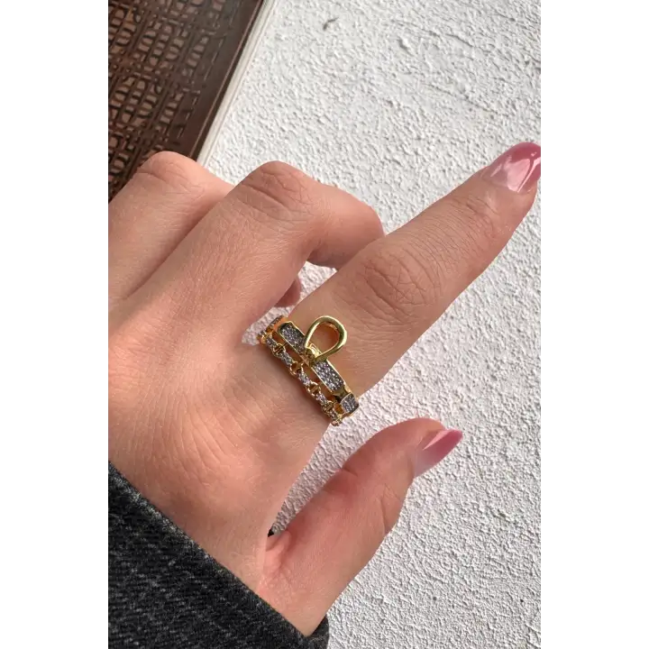 Çift Renk Seri Golden Buckle Tasarım Zirkon Taşlı Ayarlanabilir Çelik Yüzük Kararmaz Renk Atmaz