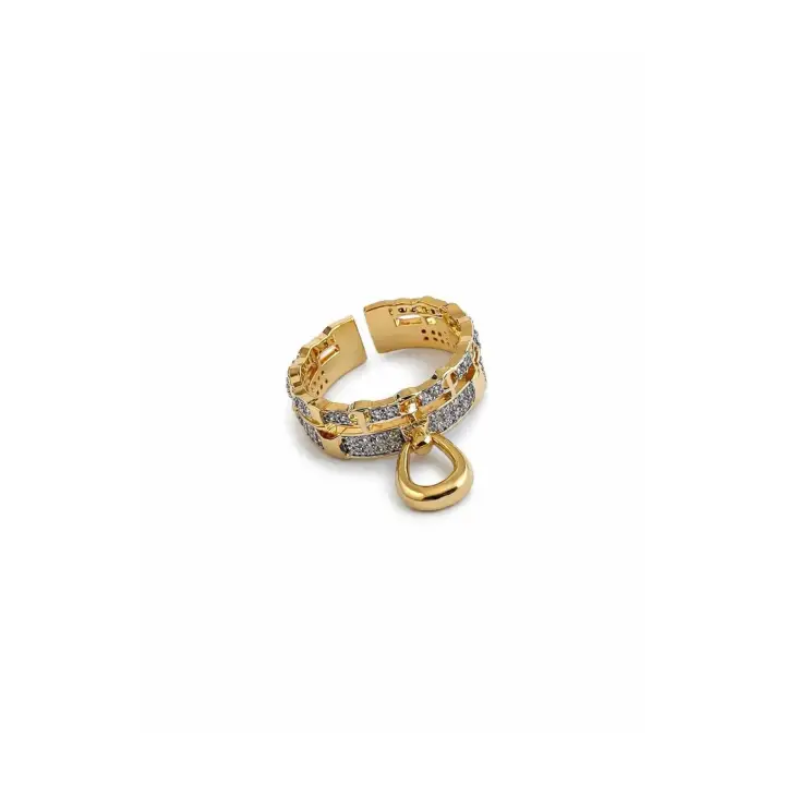 Çift Renk Seri Golden Buckle Tasarım Zirkon Taşlı Ayarlanabilir Çelik Yüzük Kararmaz Renk Atmaz