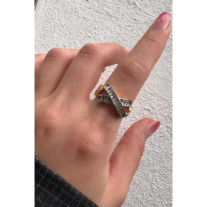 Çift Renk Seri Zirkon Taşlı Çapraz Bar Gold Silver Kaplama Ayarlanabilir Kadın Çelik Yüzük Kararmaz