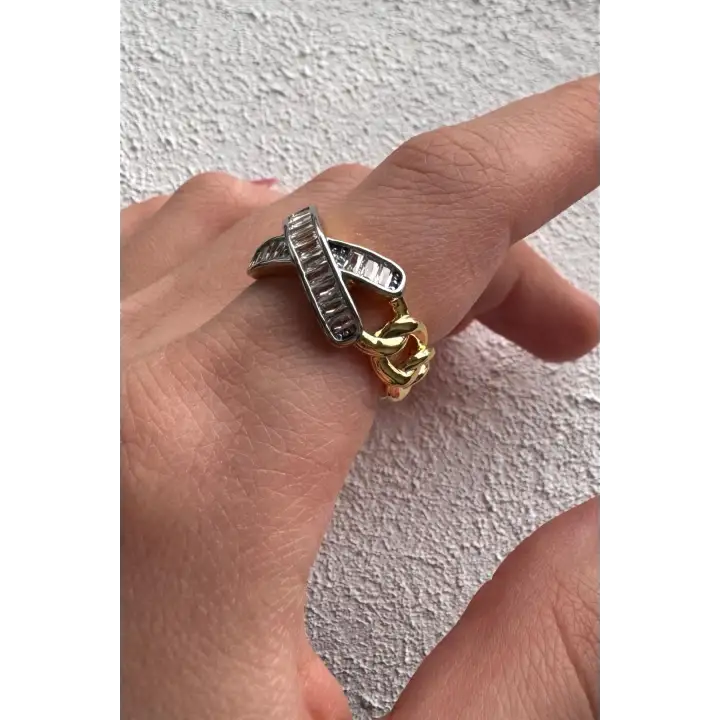 Çift Renk Seri Zirkon Taşlı Çapraz Bar Gold Silver Kaplama Ayarlanabilir Kadın Çelik Yüzük Kararmaz