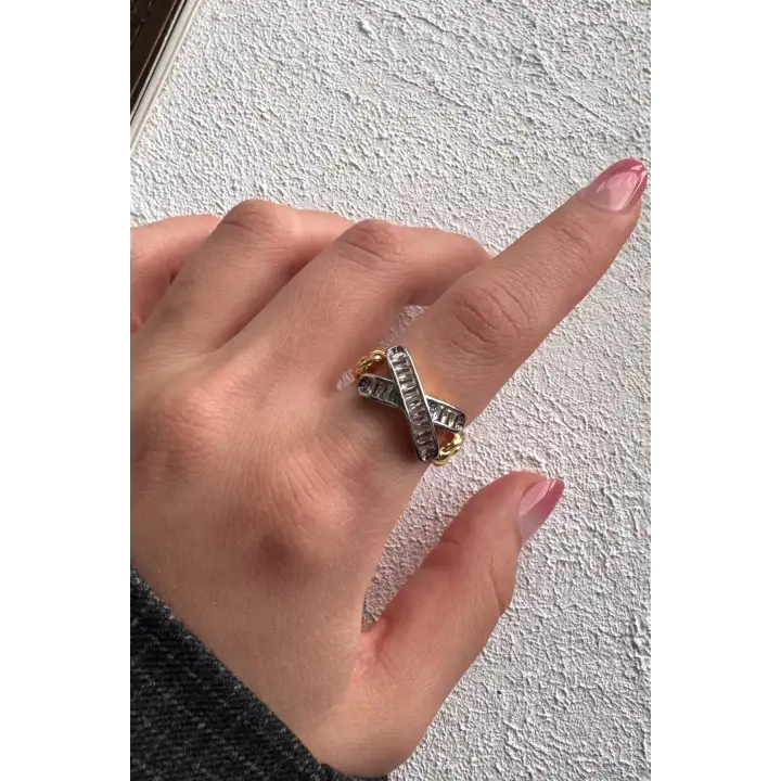 Çift Renk Seri Zirkon Taşlı Çapraz Bar Gold Silver Kaplama Ayarlanabilir Kadın Çelik Yüzük Kararmaz