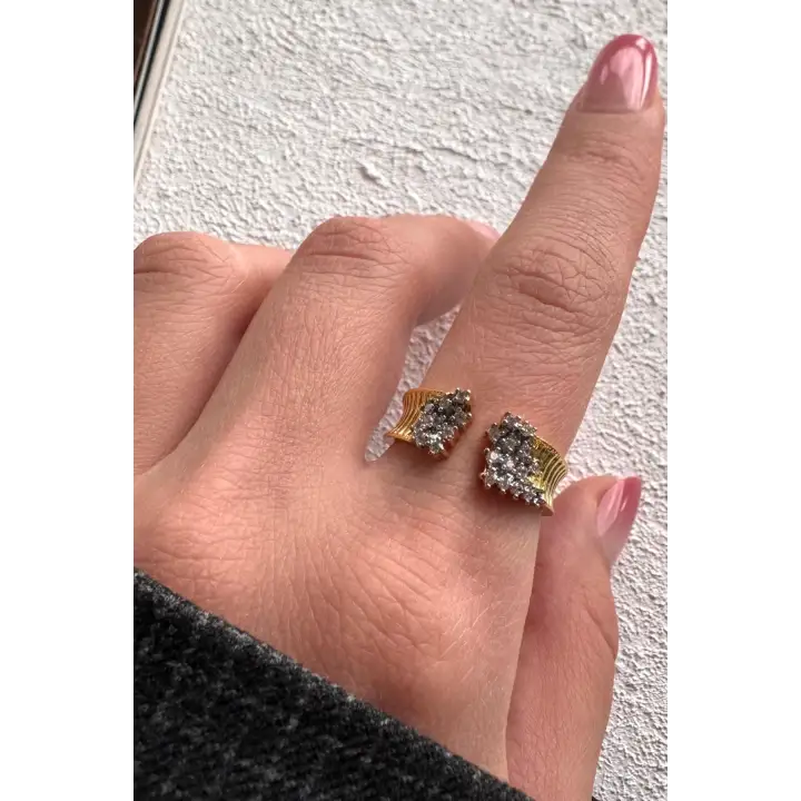 Çift Renk Seri Zirkon Taşlı Çift Parça Cluster Gold Kaplama Ayarlanabilir Kadın Çelik Yüzük Kararmaz