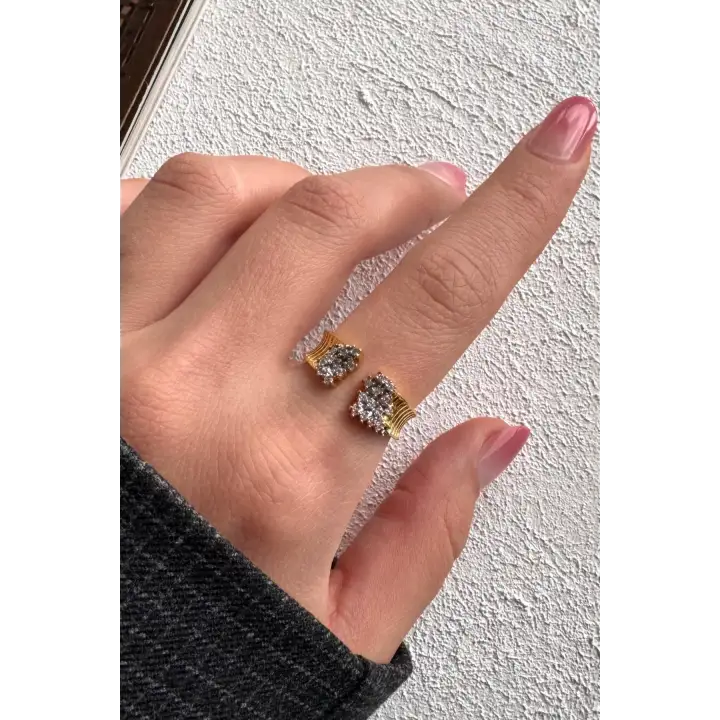 Çift Renk Seri Zirkon Taşlı Çift Parça Cluster Gold Kaplama Ayarlanabilir Kadın Çelik Yüzük Kararmaz