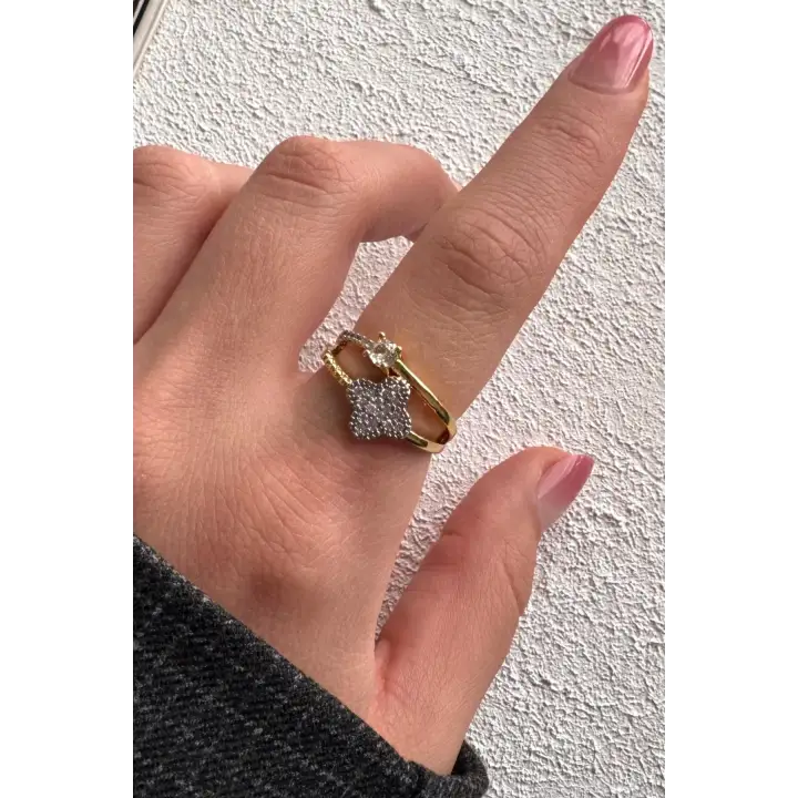 Çift Renk Seri Zirkon Taşlı 2li Yonca Tek Taş Tasarım Ayarlanabilir Kadın Çelik Yüzük Kararmaz