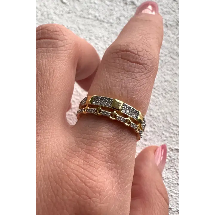 Çift Renk Seri Zirkon Taşlı Zincir Tasarım Gold Silver Ayarlanabilir Kadın Çelik Yüzük Kararmaz