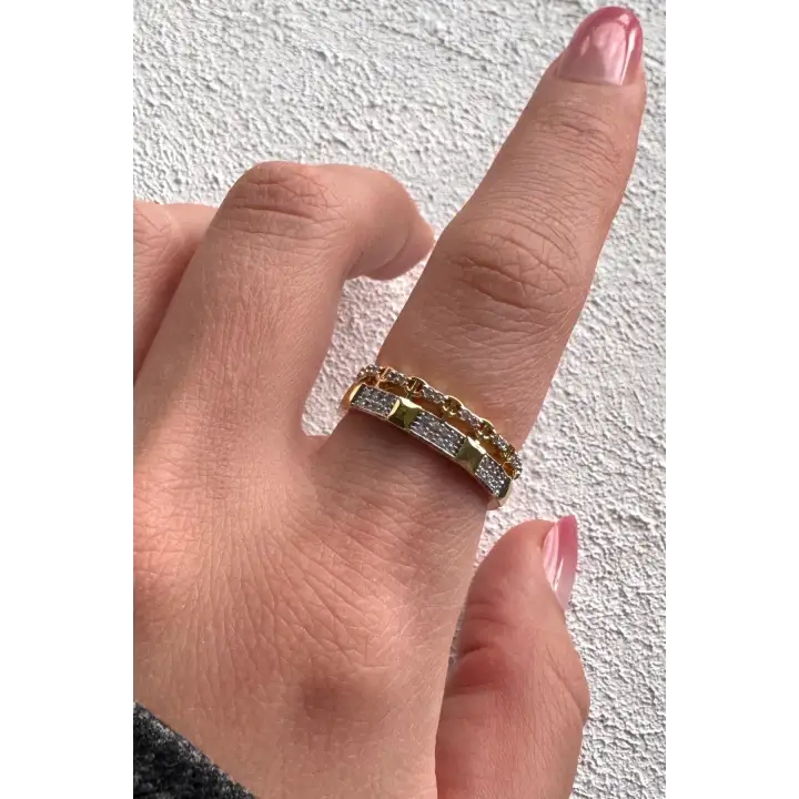 Çift Renk Seri Zirkon Taşlı Zincir Tasarım Gold Silver Ayarlanabilir Kadın Çelik Yüzük Kararmaz