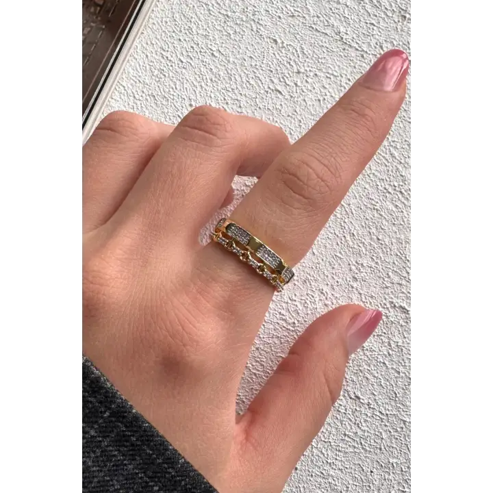 Çift Renk Seri Zirkon Taşlı Zincir Tasarım Gold Silver Ayarlanabilir Kadın Çelik Yüzük Kararmaz