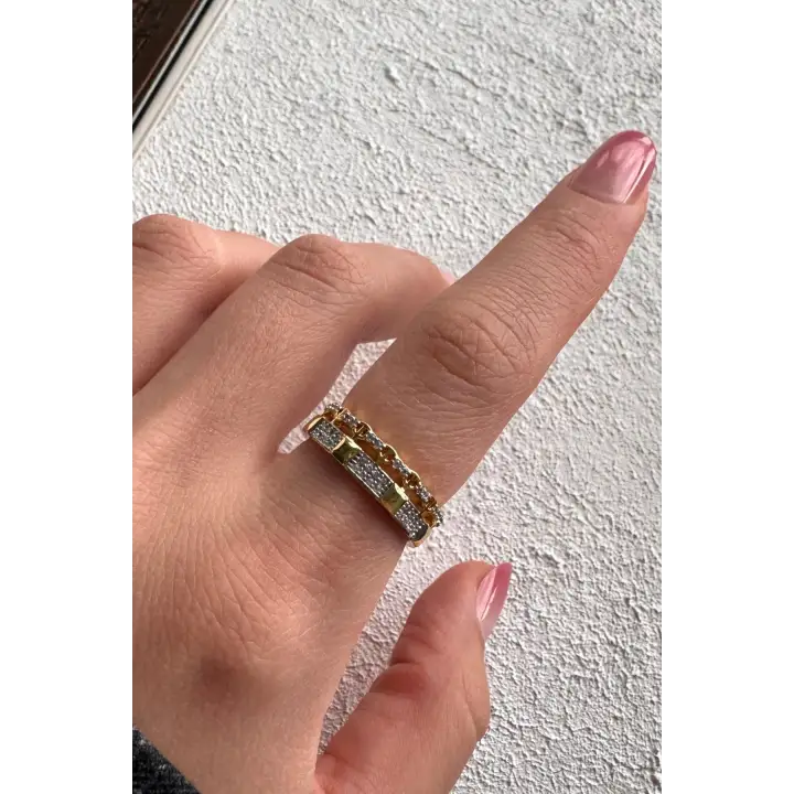 Çift Renk Seri Zirkon Taşlı Zincir Tasarım Gold Silver Ayarlanabilir Kadın Çelik Yüzük Kararmaz