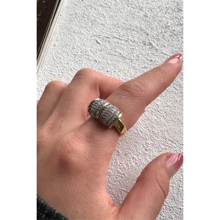 Çift Renk Seri Zirkon Taşlı Bombeli Silindir Tasarım Ayarlanabilir Kadın Çelik Yüzük Kararmaz