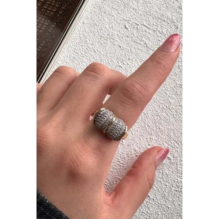 Çift Renk Seri Zirkon Taşlı Bombeli Silindir Tasarım Ayarlanabilir Kadın Çelik Yüzük Kararmaz