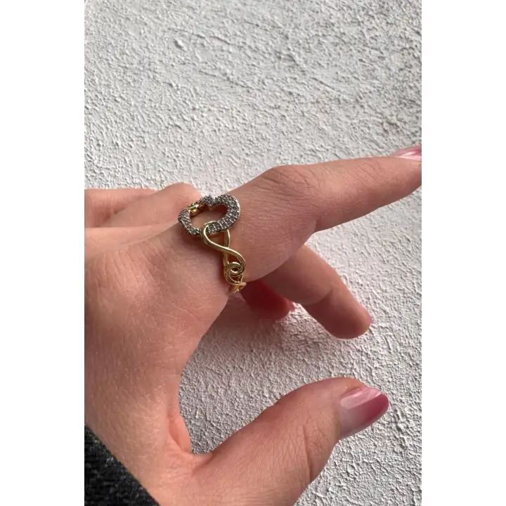 Çift Renk Seri Zirkon Taşlı Kalp Tasarım Zincir Detay Gold Ayarlanabilir Kadın Çelik Yüzük Kararmaz