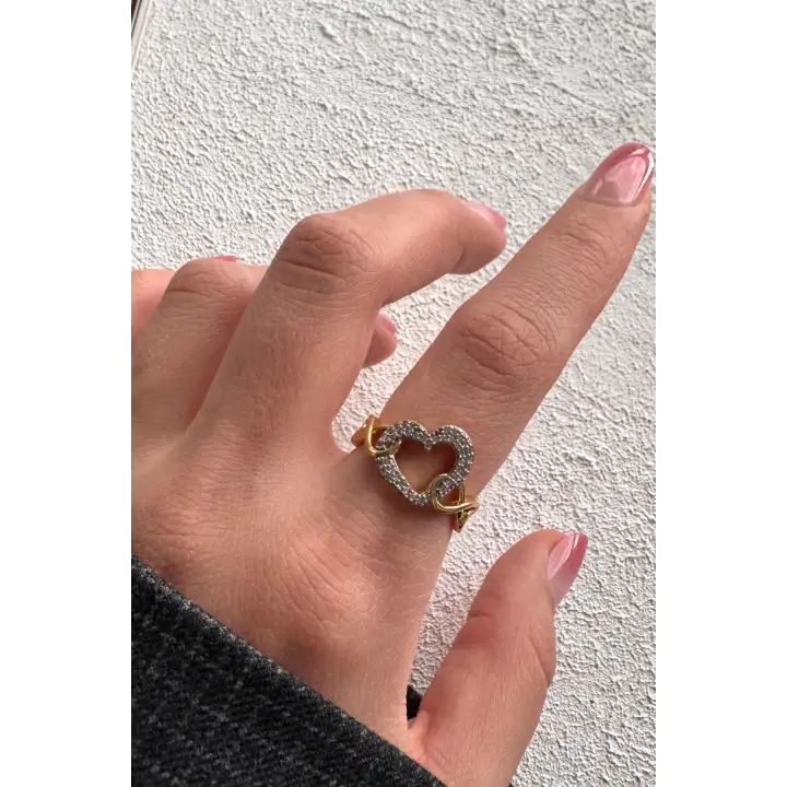 Çift Renk Seri Zirkon Taşlı Kalp Tasarım Zincir Detay Gold Ayarlanabilir Kadın Çelik Yüzük Kararmaz