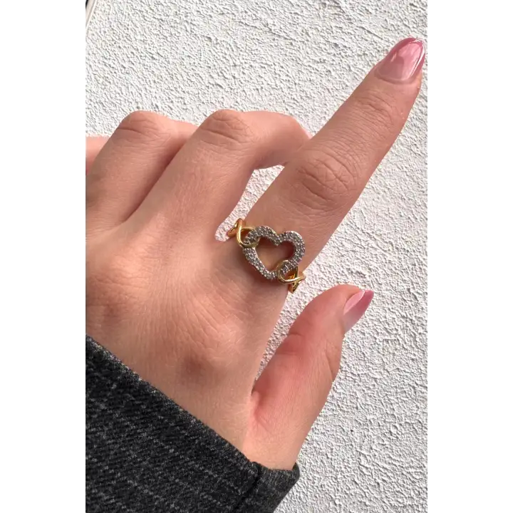 Çift Renk Seri Zirkon Taşlı Kalp Tasarım Zincir Detay Gold Ayarlanabilir Kadın Çelik Yüzük Kararmaz