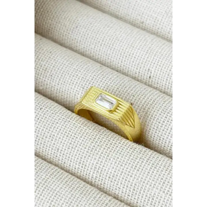 Gold Baget Zirkon Taşlı Geniş Bant Altın Kaplama Ayarlanabilir Serçe Parmak Kadın Çelik Yüzük