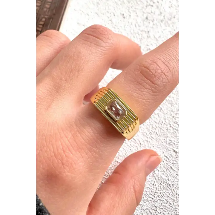 Gold Baget Zirkon Taşlı Geniş Bant Altın Kaplama Ayarlanabilir Serçe Parmak Kadın Çelik Yüzük