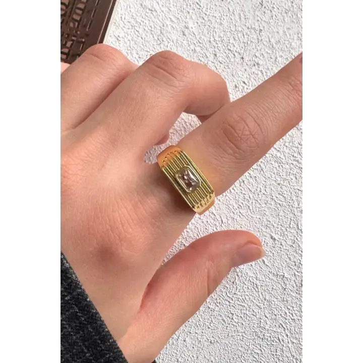 Gold Baget Zirkon Taşlı Geniş Bant Altın Kaplama Ayarlanabilir Serçe Parmak Kadın Çelik Yüzük