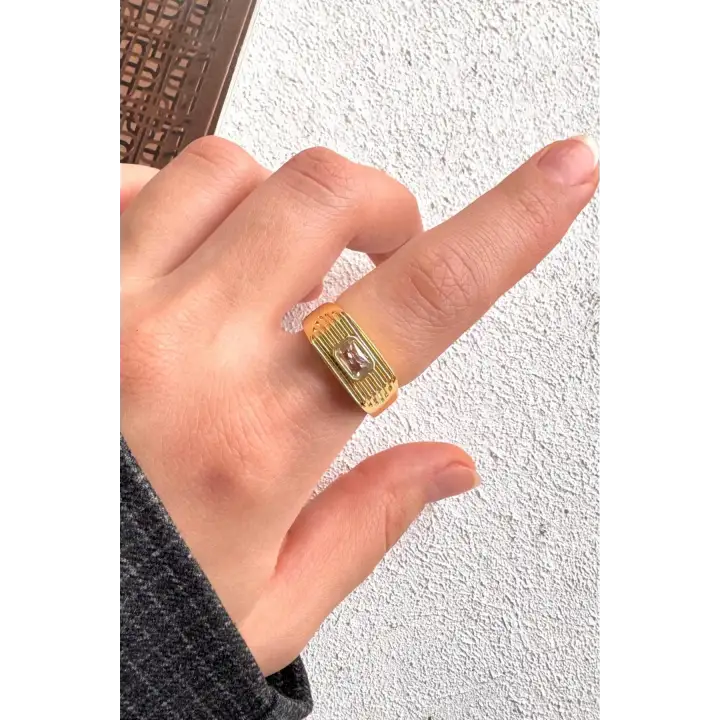 Gold Baget Zirkon Taşlı Geniş Bant Altın Kaplama Ayarlanabilir Serçe Parmak Kadın Çelik Yüzük