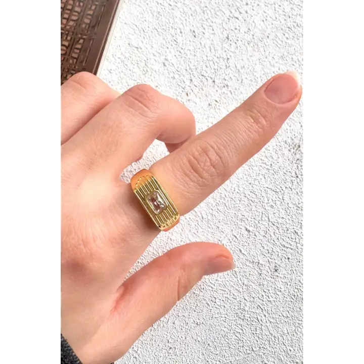 Gold Baget Zirkon Taşlı Geniş Bant Altın Kaplama Ayarlanabilir Serçe Parmak Kadın Çelik Yüzük