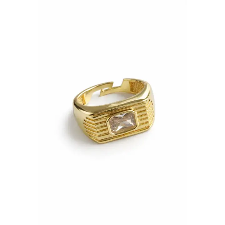Gold Baget Zirkon Taşlı Geniş Bant Altın Kaplama Ayarlanabilir Serçe Parmak Kadın Çelik Yüzük