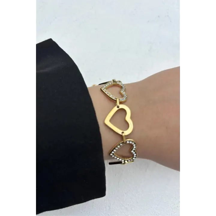 Gold Zirkon Taşlı Kalp Tasarım Model Çelik Bileklik Altın Kararmaz Renk Atmaz