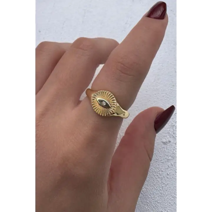 Vintage Tasarım Zirkon Taşlı Oval Göz Motifli Ayarlanabilir Serçe Parmak Kadın Çelik Yüzük