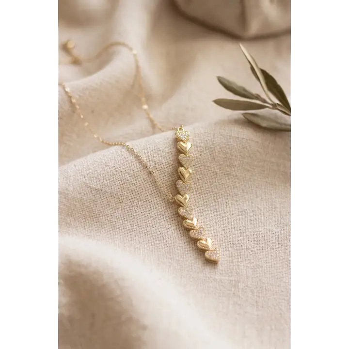 Zirkon Taşlı Kalp Şelalesi Tasarım Altın Kaplama Y Kadın Çelik Kolye Kararmaz Renk Atmaz