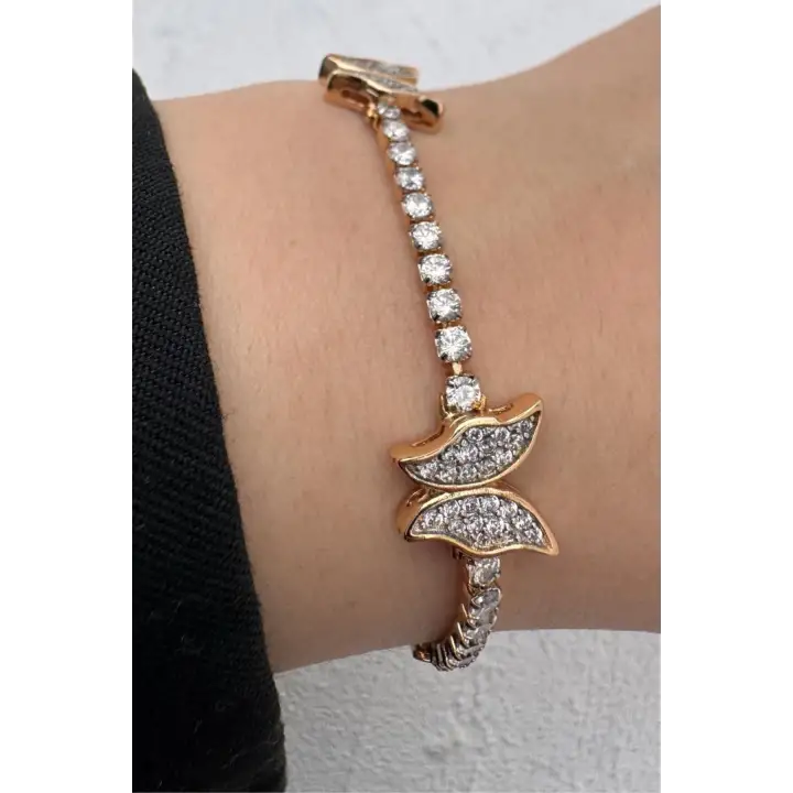 Rose Gold Zirkon Taşlı Kelebek Figürlü Tennis Kadın Çelik Bileklik Kararmaz Renk Atmaz