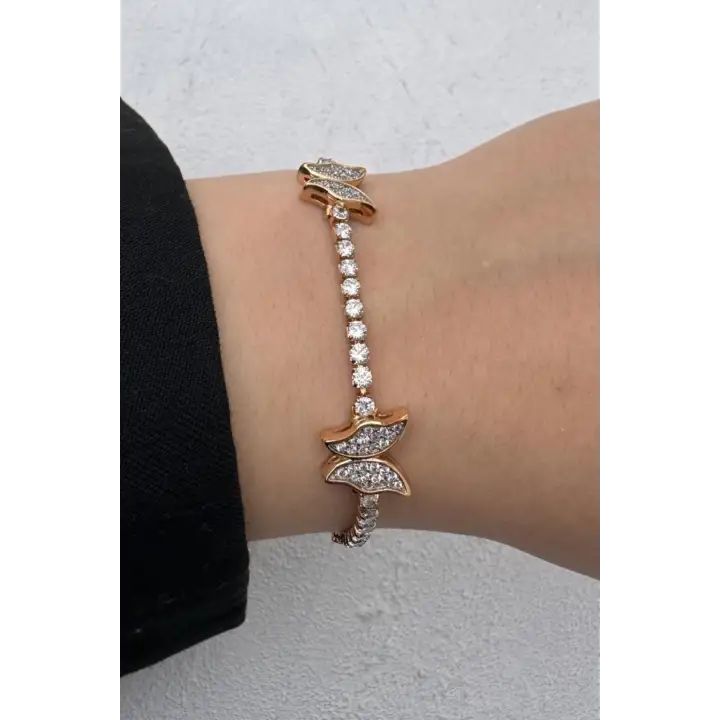 Rose Gold Zirkon Taşlı Kelebek Figürlü Tennis Kadın Çelik Bileklik Kararmaz Renk Atmaz