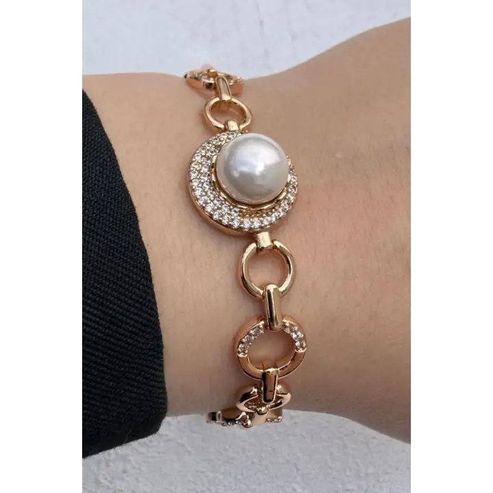 Rose Gold İnci Detaylı Zirkon Taşlı Halka Zincir Kadın Çelik Bileklik Kararmaz Renk Atmaz