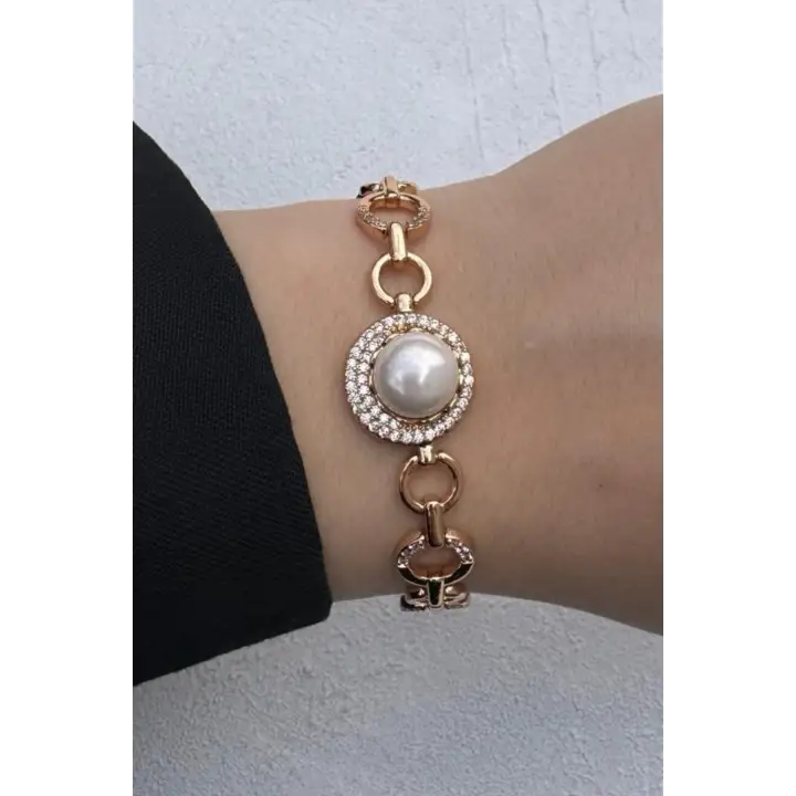 Rose Gold İnci Detaylı Zirkon Taşlı Halka Zincir Kadın Çelik Bileklik Kararmaz Renk Atmaz