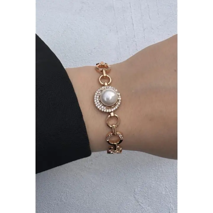 Rose Gold İnci Detaylı Zirkon Taşlı Halka Zincir Kadın Çelik Bileklik Kararmaz Renk Atmaz