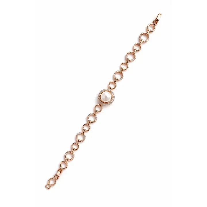 Rose Gold İnci Detaylı Zirkon Taşlı Halka Zincir Kadın Çelik Bileklik Kararmaz Renk Atmaz