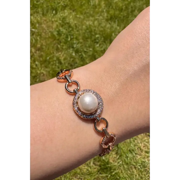Rose Gold İnci Detaylı Zirkon Taşlı Halka Zincir Kadın Çelik Bileklik Kararmaz Renk Atmaz