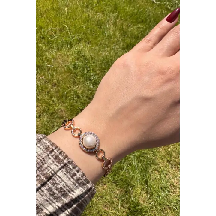 Rose Gold İnci Detaylı Zirkon Taşlı Halka Zincir Kadın Çelik Bileklik Kararmaz Renk Atmaz