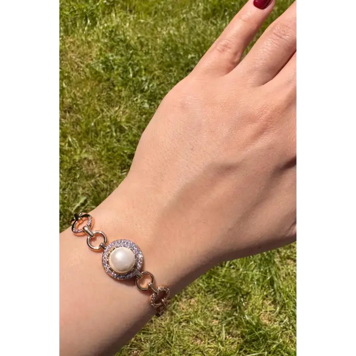 Rose Gold İnci Detaylı Zirkon Taşlı Halka Zincir Kadın Çelik Bileklik Kararmaz Renk Atmaz