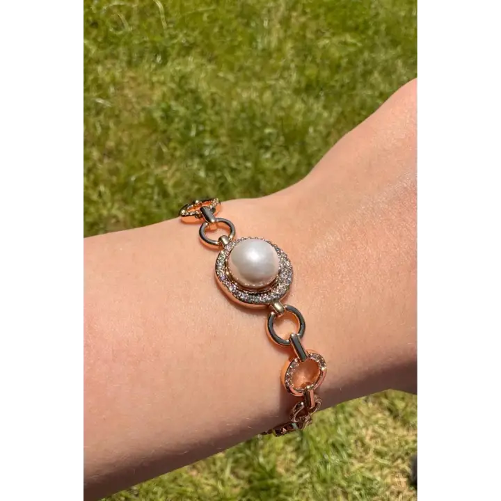 Rose Gold İnci Detaylı Zirkon Taşlı Halka Zincir Kadın Çelik Bileklik Kararmaz Renk Atmaz